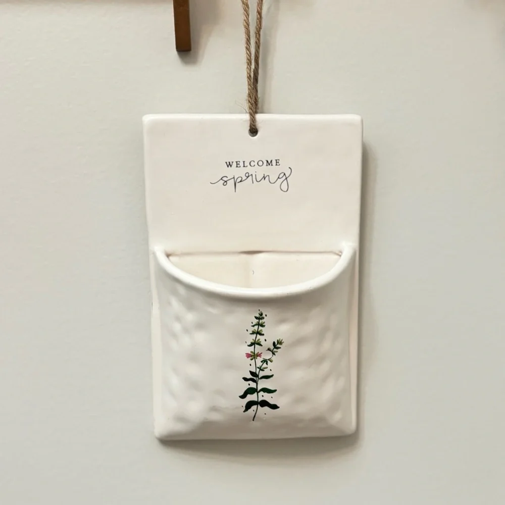 White Ceramic Wall Pocket with Floral Design Welcome Spring
